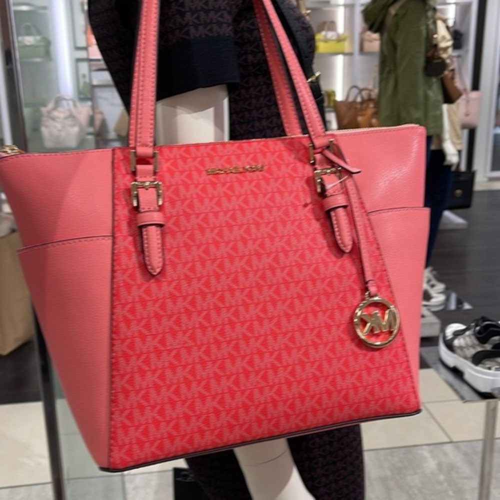 Michael Kors Charlotte Large Logo and Leather Top-Zip Tote Bag Coral Reef Multi - Picture 3 of 16